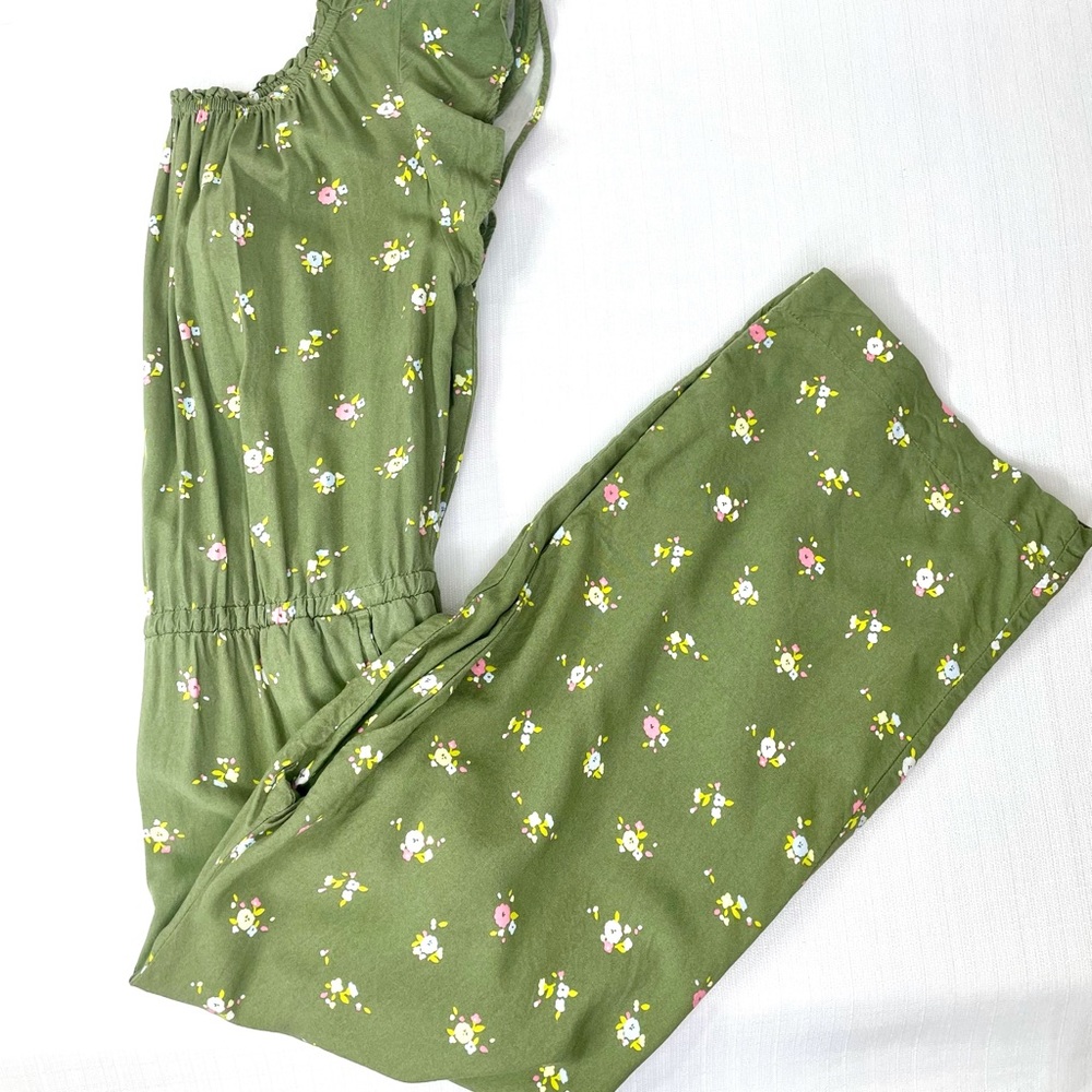 Cat & Jack Girls One Piece Green Floral Fall BOHO cut out back Jumpsuit Large